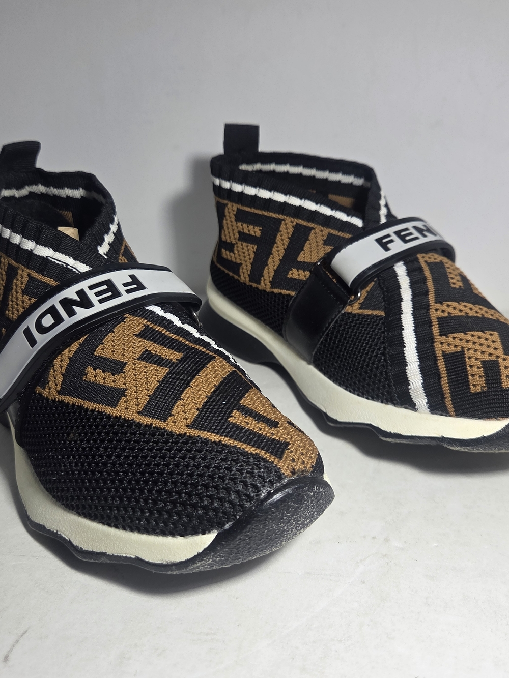 Fendi FF Logo Knit Sock Sneakers Brown / Blk Strap Slip-On Women's Size 38 / 7.5